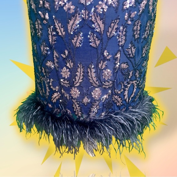 NWT Eliza J Navy Blue ‘Sequin Boat Neck Sleeveless Feather Trim Sheath Dress’ 6 - Picture 8 of 14